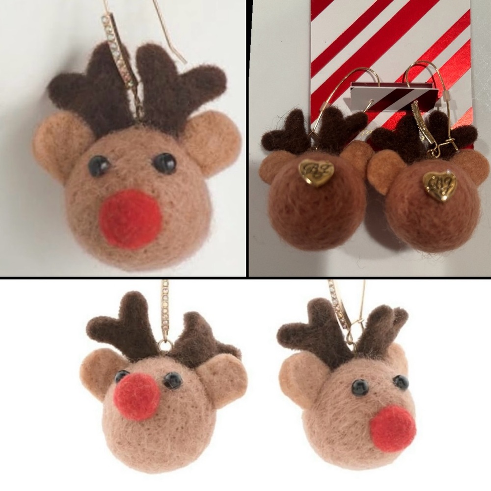 Betsey Johnson Christmas Reindeer dangle earrings / made from felt / NEW w/ tags